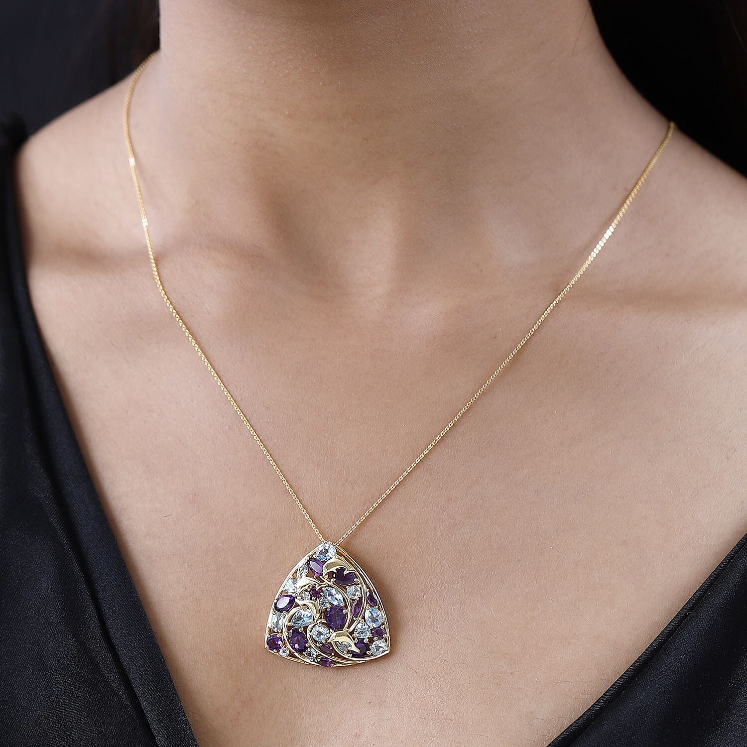 GP- Sea Life Collection - Amethyst and Swiss Blue Topaz Pendant with Chain (Size 20) in 18K Yellow Gold Vermeil Plated Sterling Silver 6.97 Ct, Silver Wt. 8 41 Gms