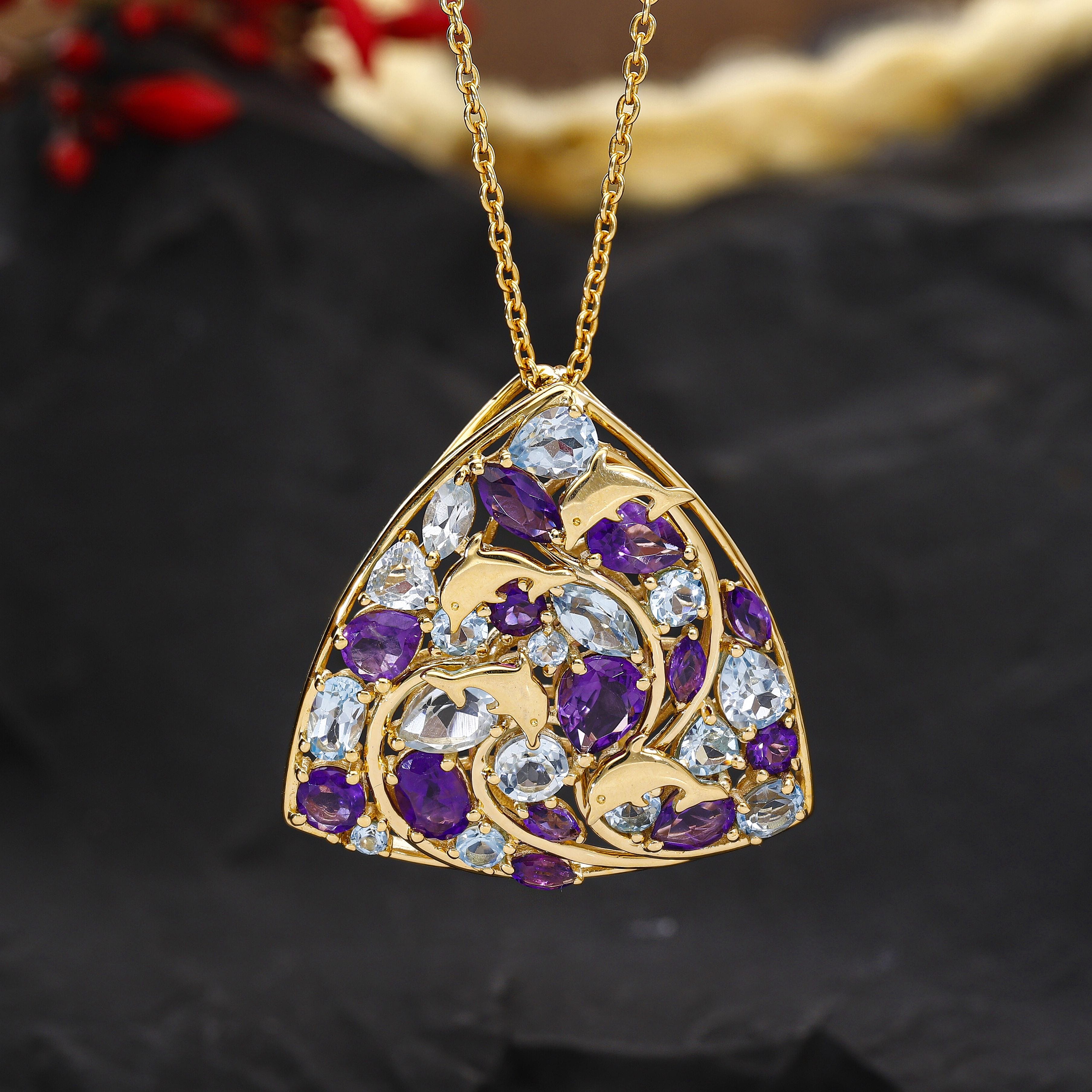 GP- Sea Life Collection - Amethyst and Swiss Blue Topaz Pendant with Chain (Size 20) in 18K Yellow Gold Vermeil Plated Sterling Silver 6.97 Ct, Silver Wt. 8 41 Gms