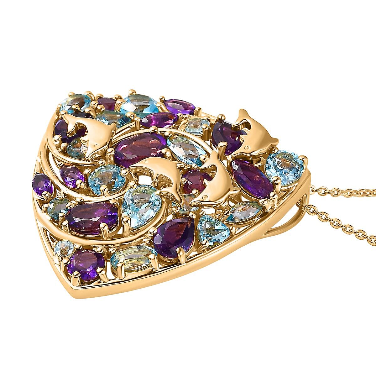 GP- Sea Life Collection - Amethyst and Swiss Blue Topaz Pendant with Chain (Size 20) in 18K Yellow Gold Vermeil Plated Sterling Silver 6.97 Ct, Silver Wt. 8 41 Gms