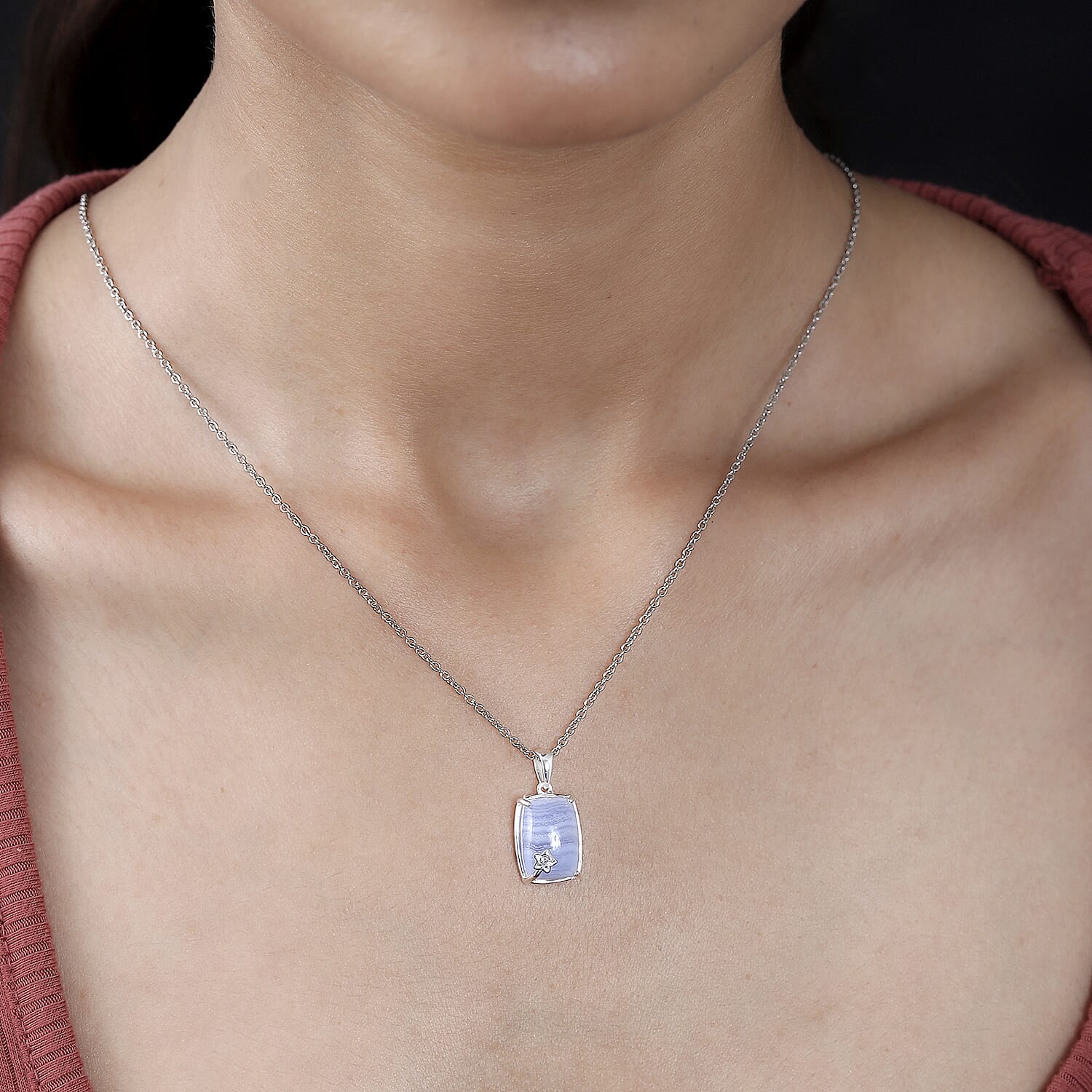 Blue Lace Agate and Natural Zircon Sterling Silver Pendant with Chain (Size 20)