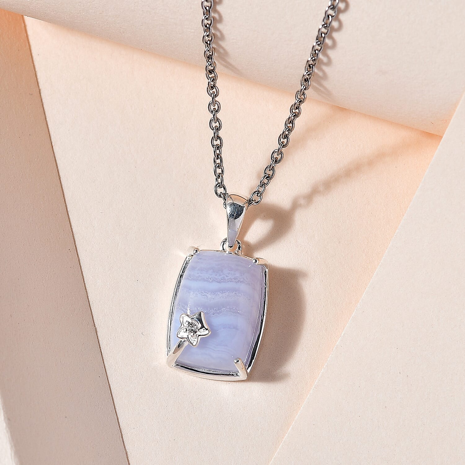 Blue Lace Agate and Natural Zircon Sterling Silver Pendant with Chain (Size 20)