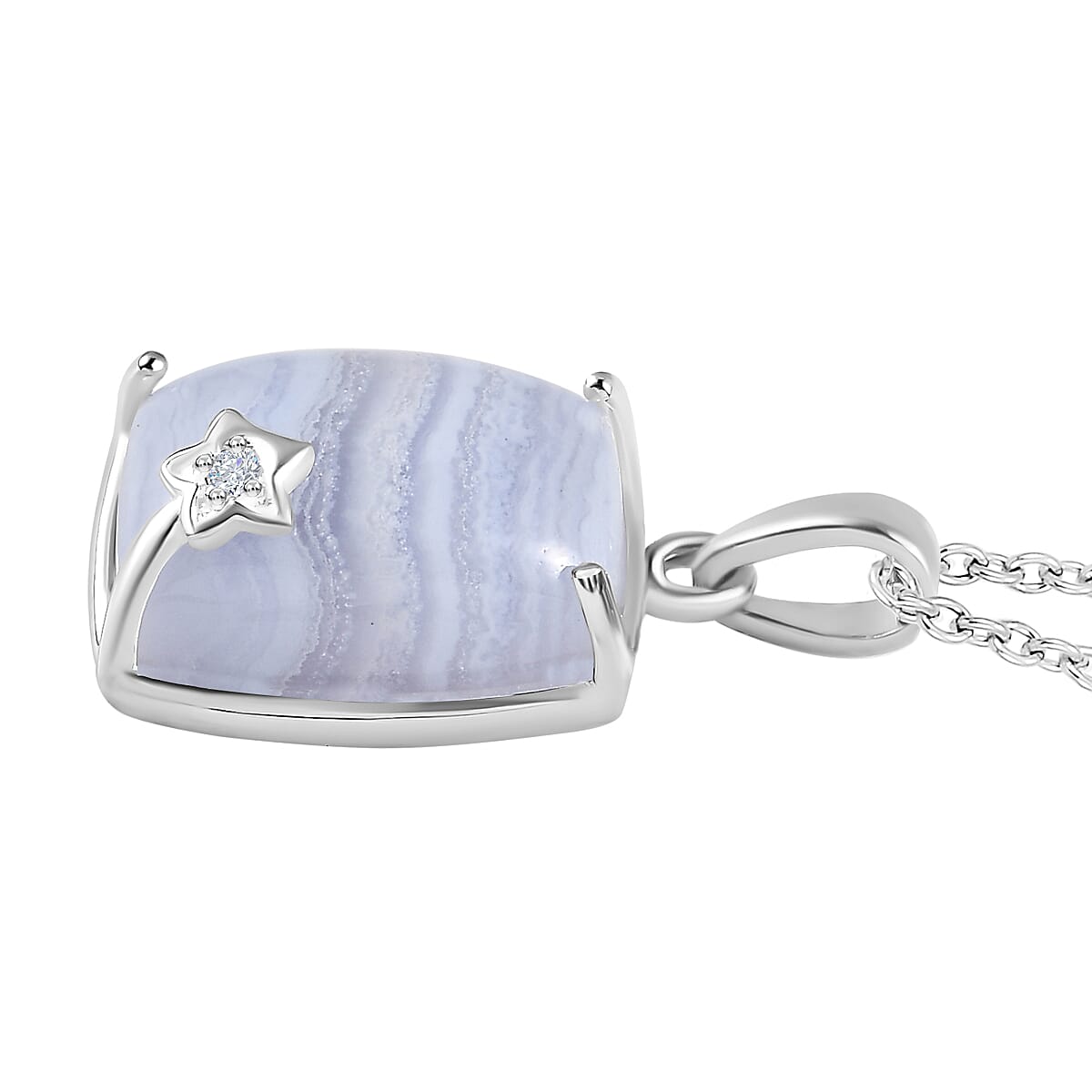 Blue Lace Agate and Natural Zircon Sterling Silver Pendant with Chain (Size 20)