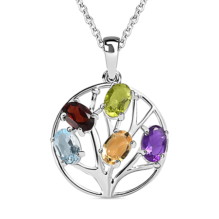 Multi Gemstone Tree of Life Sterling Silver Pendant with Free Chain (Size 20)