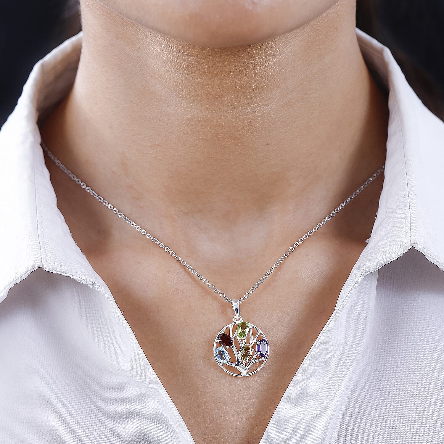 Multi Gemstone Tree of Life Sterling Silver Pendant with Free Chain (Size 20)