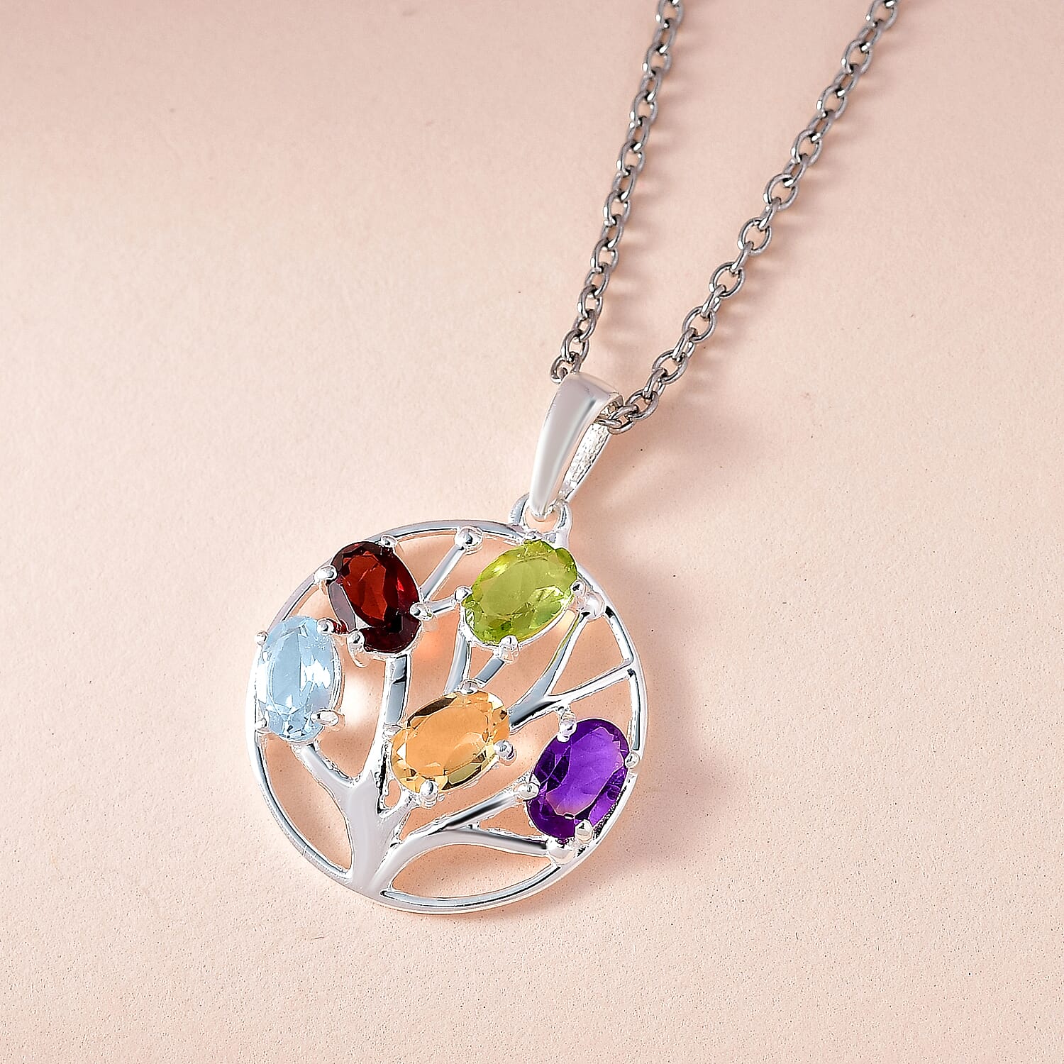 Multi Gemstone Tree of Life Sterling Silver Pendant with Free Chain (Size 20)