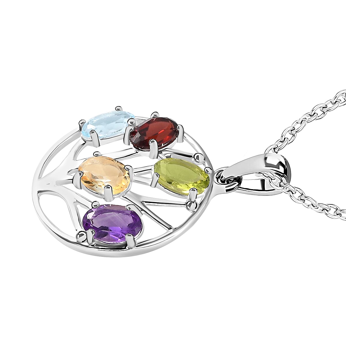 Multi Gemstone Tree of Life Sterling Silver Pendant with Free Chain (Size 20)