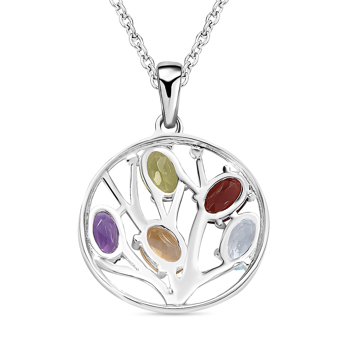 Multi Gemstone Tree of Life Sterling Silver Pendant with Free Chain (Size 20)