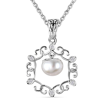 Fresh Water Pearl & Natural Zircon Sterling Silver Pendant with Chain (Size 20) 1.56 Ct