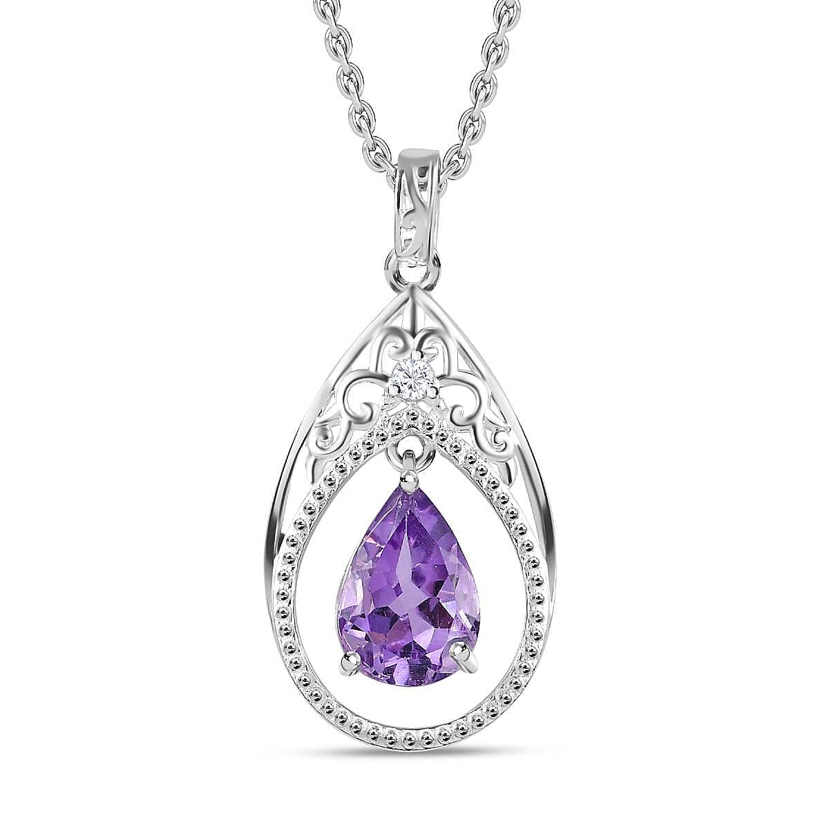 Bolivian Amethyst & Natural Zircon Sterling Silver Pendant with Stainless Steel Chain (Size 20) 1.80 Ct