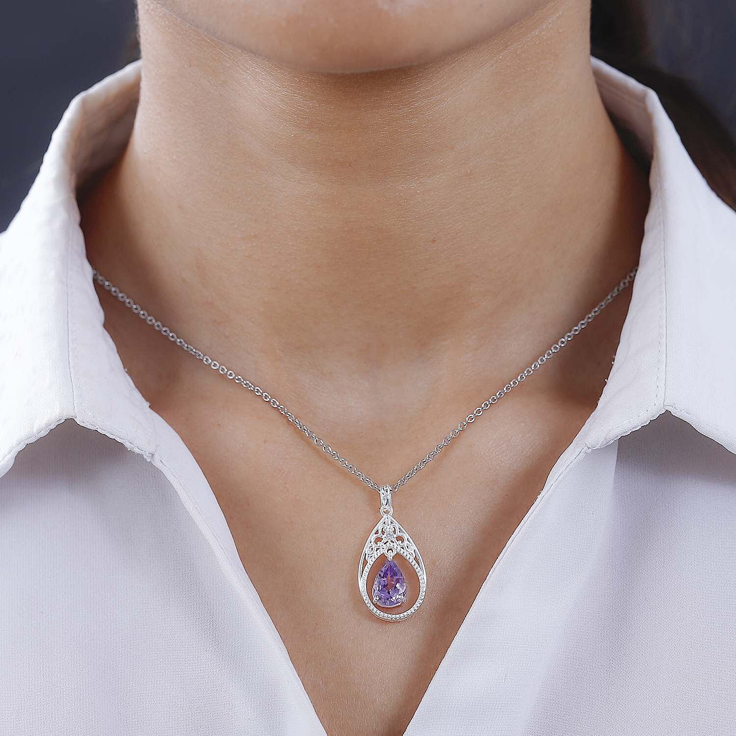 Bolivian Amethyst & Natural Zircon Sterling Silver Pendant with Stainless Steel Chain (Size 20) 1.80 Ct
