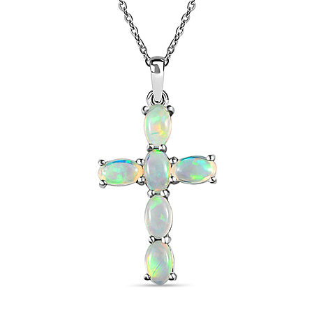 Ethiopian Welo Opal Cross Pendant with Chain (Size 20) with Lobster Clasp in Platinum Overlay Sterling Silver