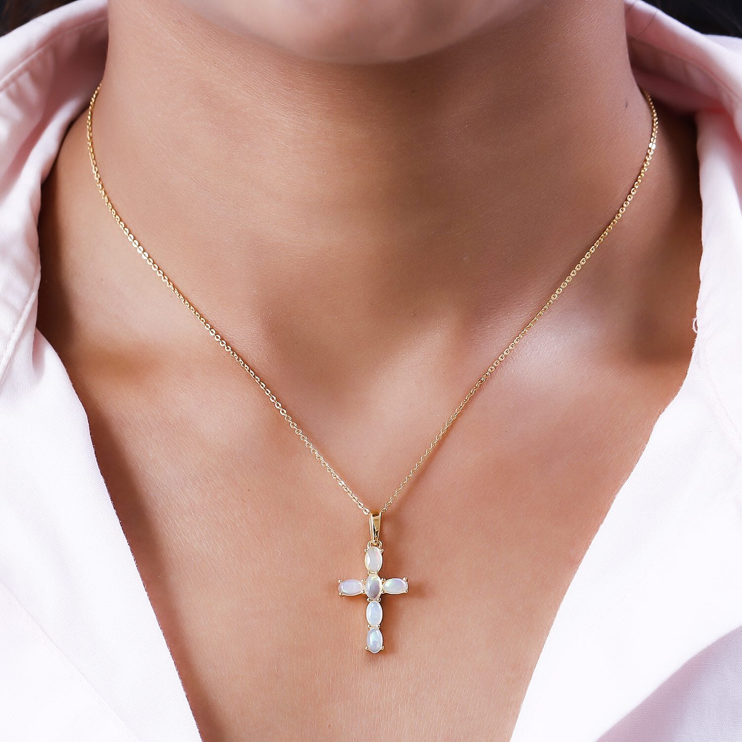 Ethiopian Welo Opal Cross Pendant with Chain (Size 20) with Lobster Clasp in popular Vermeil YG Overlay Sterling Silver