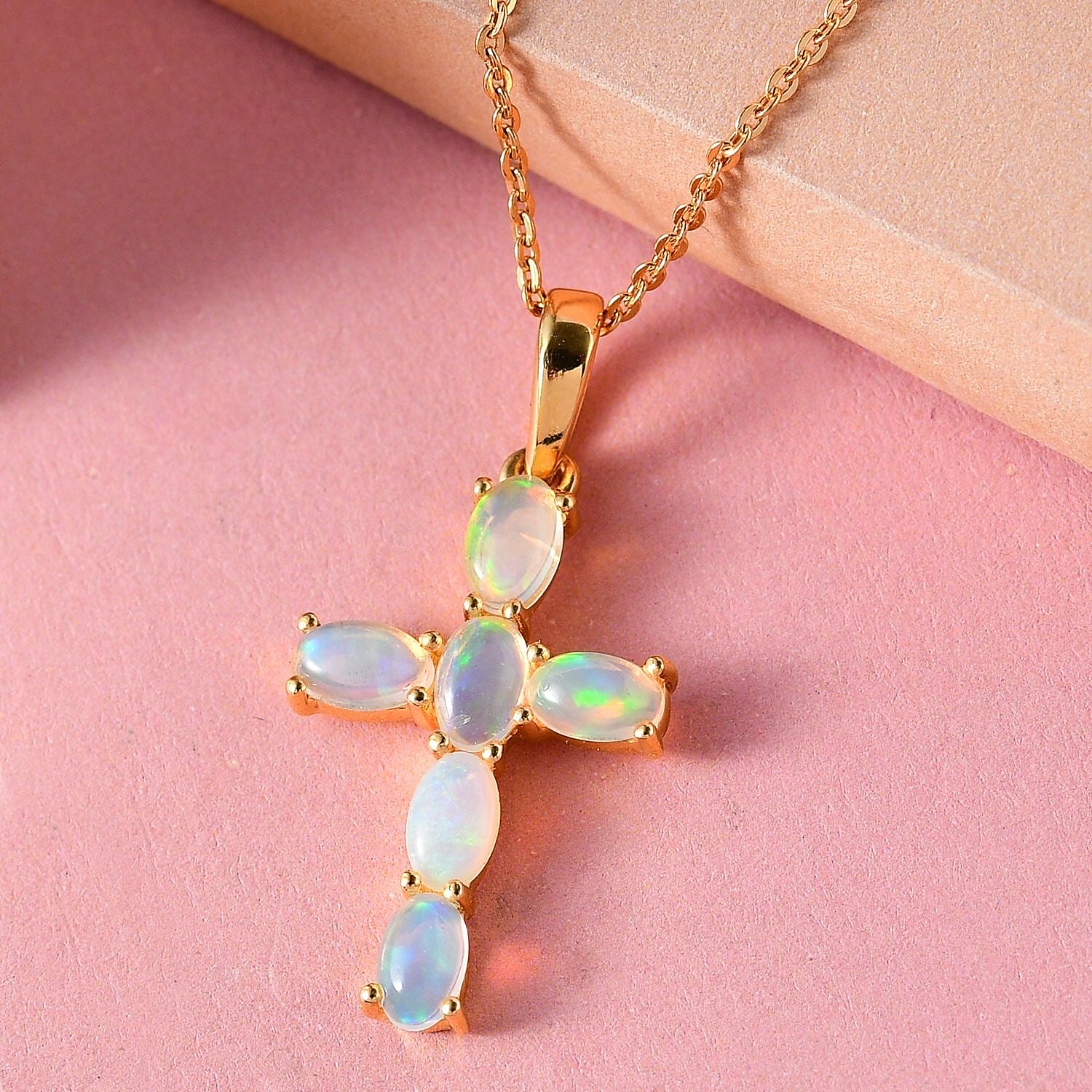 Ethiopian Welo Opal Cross Pendant with Chain (Size - 20) with Lobster Clasp in Vermeil Yellow Gold Plated Sterling Silver