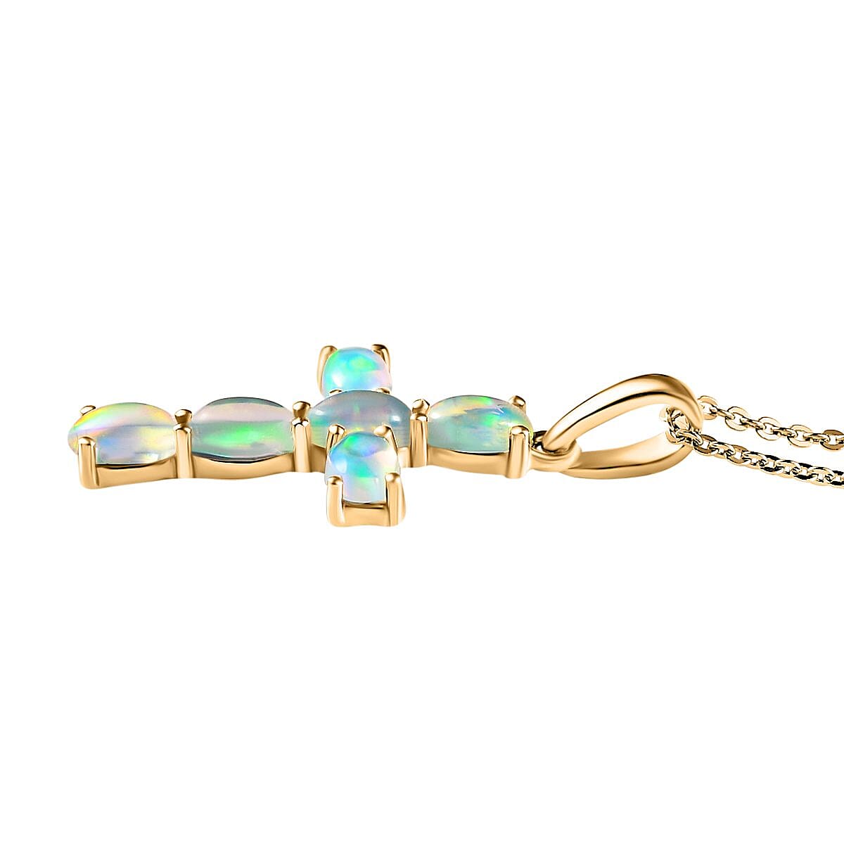 Ethiopian Welo Opal Cross Pendant with Chain (Size - 20) with Lobster Clasp in Vermeil Yellow Gold Plated Sterling Silver