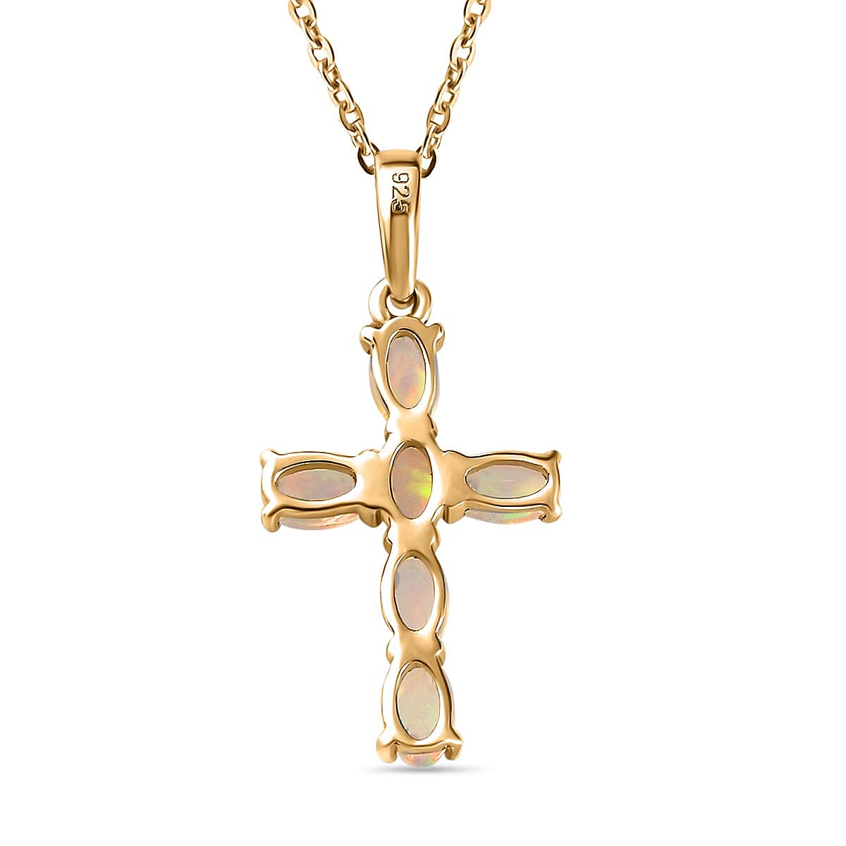 Ethiopian Welo Opal Cross Pendant with Chain (Size - 20) with Lobster Clasp in Vermeil Yellow Gold Plated Sterling Silver