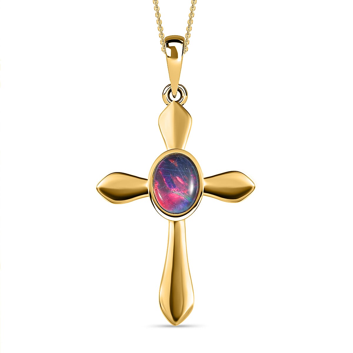 Australian Boulder Opal Cross Pendant with Chain (Size 20) in Vermeil Yellow Gold Plated Sterling Silver