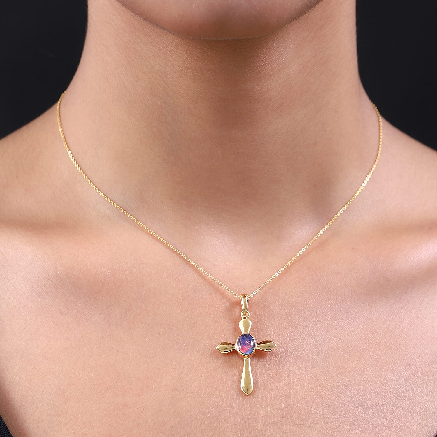 Australian Boulder Opal Cross Pendant with Chain (Size 20) in Vermeil Yellow Gold Plated Sterling Silver