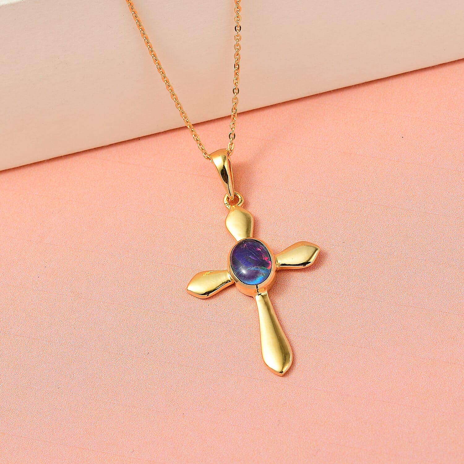 Australian Boulder Opal Cross Pendant with Chain (Size 20) in Vermeil Yellow Gold Plated Sterling Silver