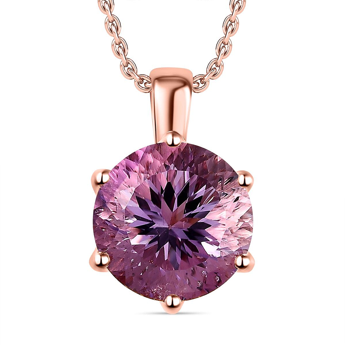 Ultimate Rose De France Amethyst & Natural Zircon Pendant with Chain (Size 20) in 18K Vermeil Rose Gold Plated Sterling Silver 6.68 Ct, Silver Wt. 5.1 Gms