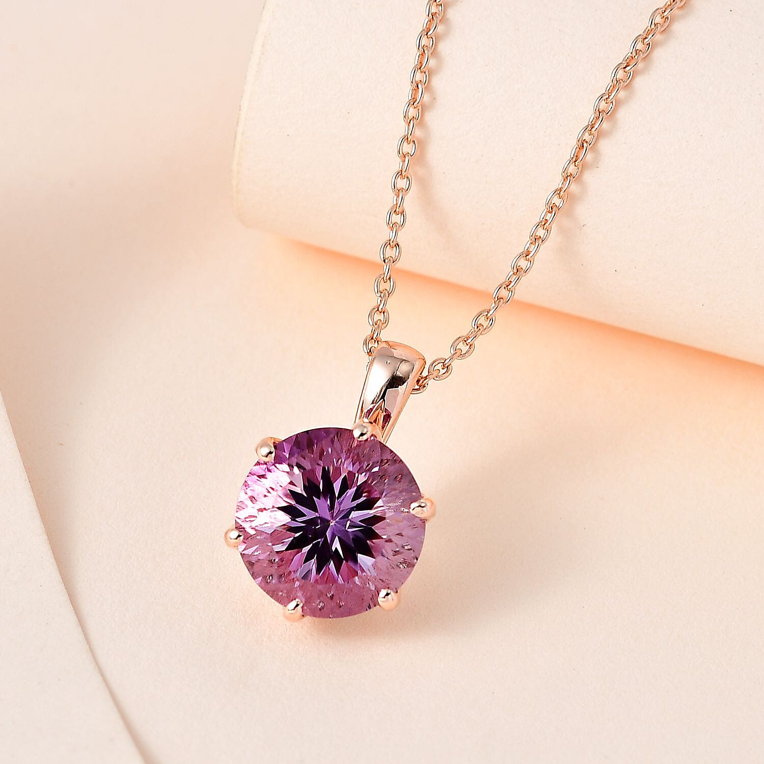 Ultimate Rose De France Amethyst & Natural Zircon Pendant with Chain (Size 20) in 18K Vermeil Rose Gold Plated Sterling Silver 6.68 Ct, Silver Wt. 5.1 Gms