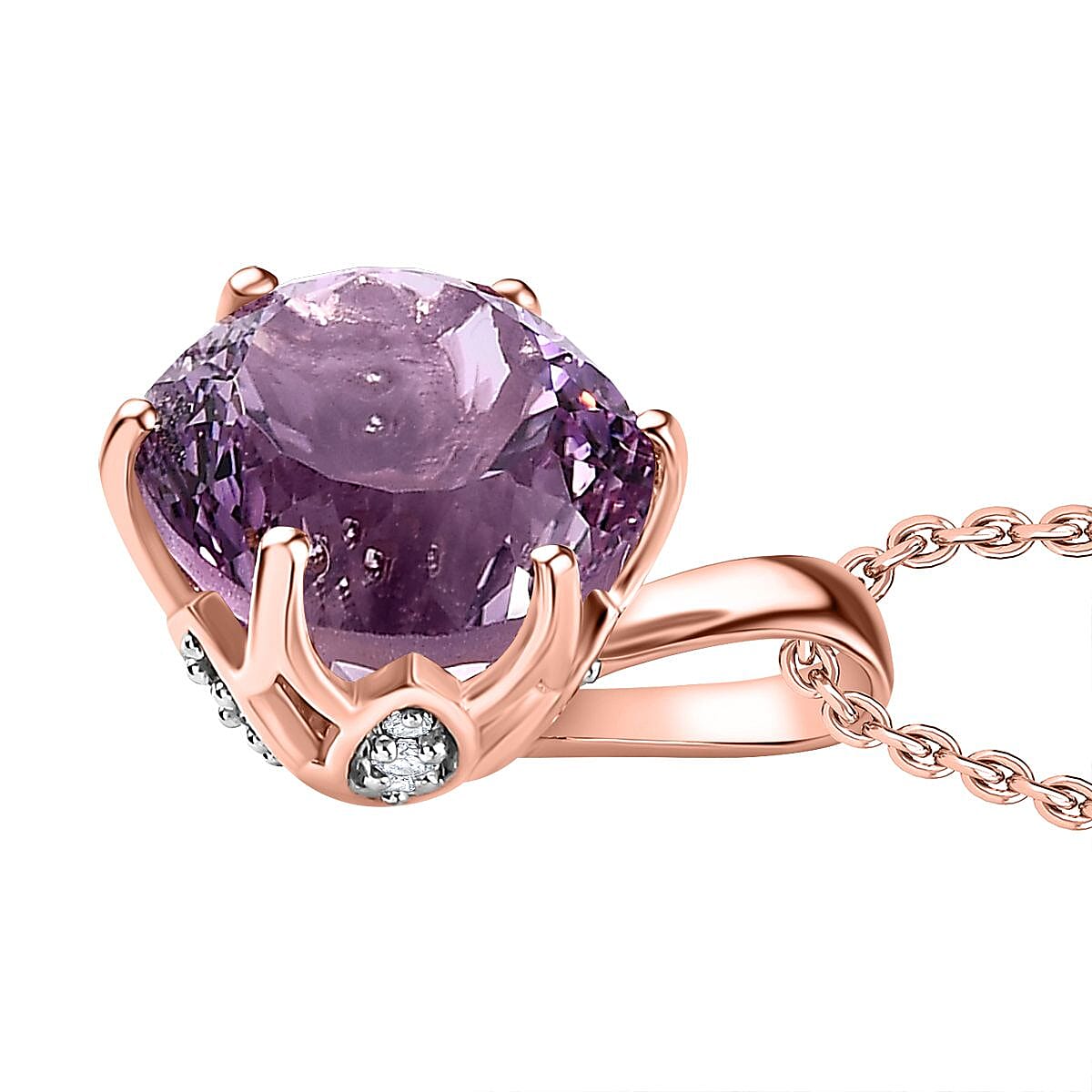 Ultimate Rose De France Amethyst & Natural Zircon Pendant with Chain (Size 20) in 18K Vermeil Rose Gold Plated Sterling Silver 6.68 Ct, Silver Wt. 5.1 Gms