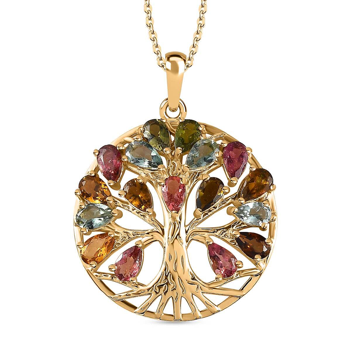 Multi-Tourmaline Tree of Life Pendant with Chain (Size 20) in 18K Yellow Gold Vermeil Plated Sterling Silver 3.49 Ct, Silver Wt. 5.92 Gms