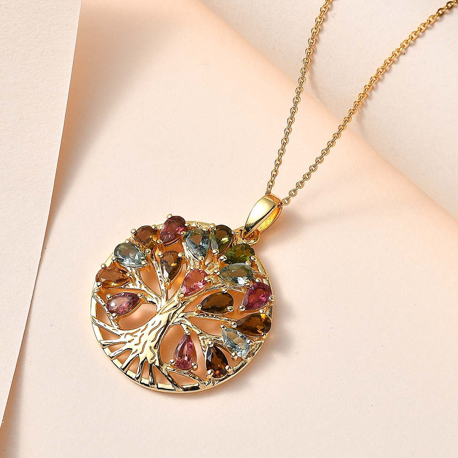 Multi-Tourmaline Tree of Life Pendant with Chain (Size 20) in 18K Yellow Gold Vermeil Plated Sterling Silver 3.49 Ct, Silver Wt. 5.92 Gms