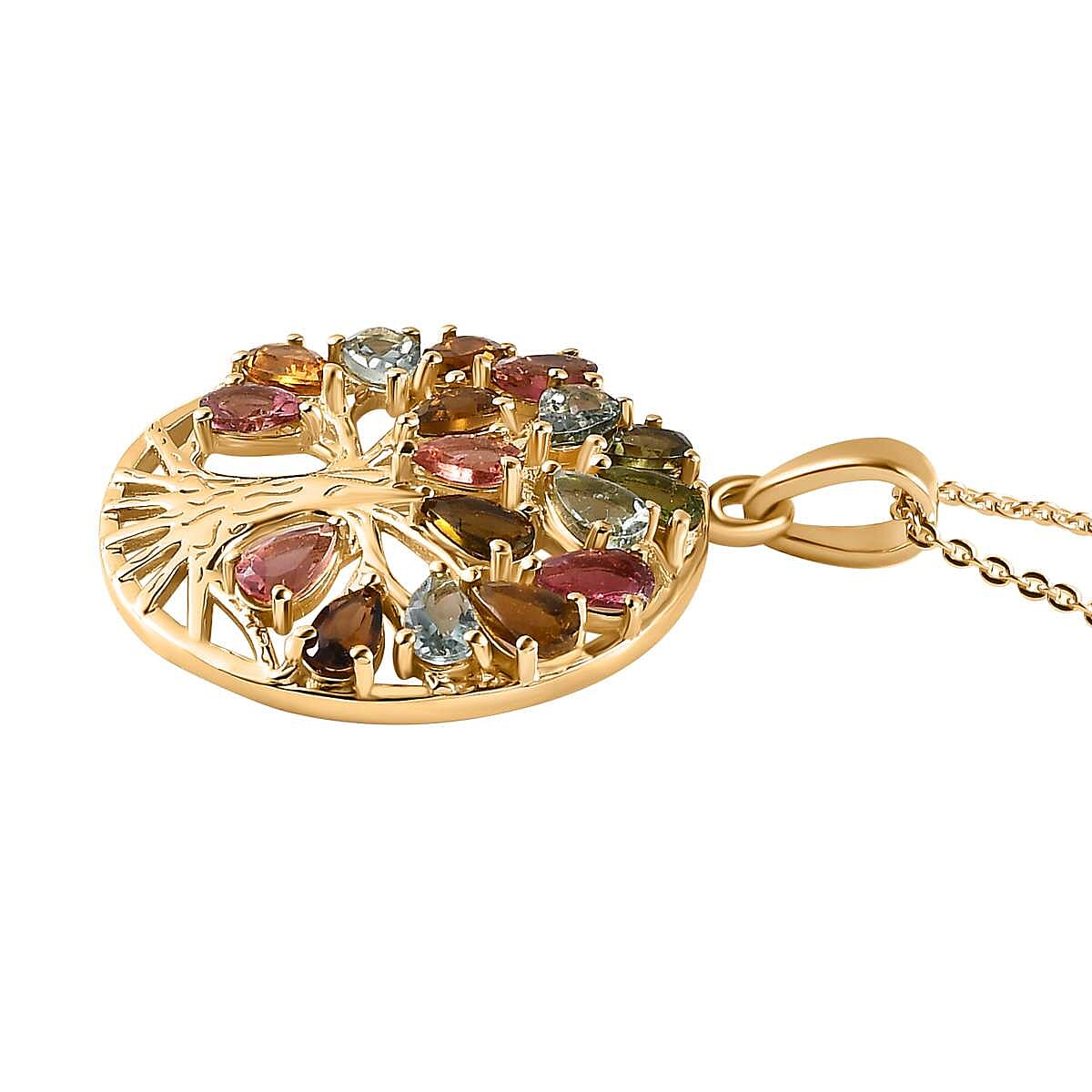 Multi-Tourmaline Tree of Life Pendant with Chain (Size 20) in 18K Yellow Gold Vermeil Plated Sterling Silver 3.49 Ct, Silver Wt. 5.92 Gms