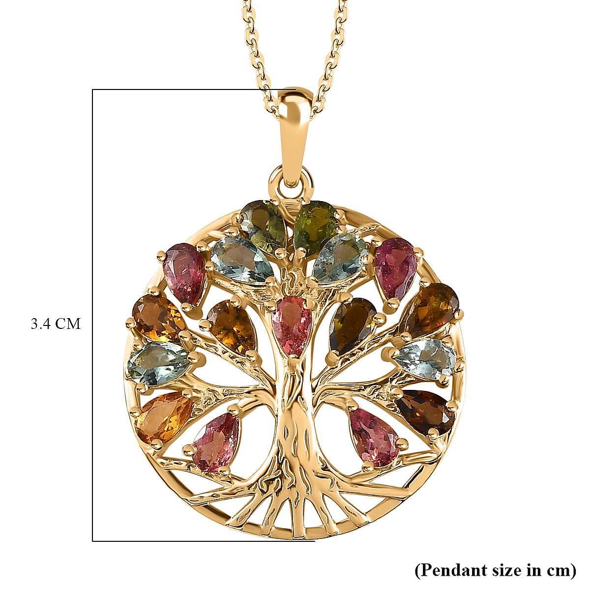 Multi-Tourmaline Tree of Life Pendant with Chain (Size 20) in 18K Yellow Gold Vermeil Plated Sterling Silver 3.49 Ct, Silver Wt. 5.92 Gms