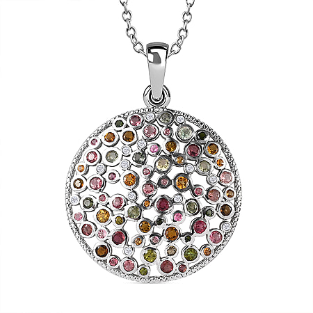 Multi-Tourmaline & Natural Zircon Pendant with Chain (Size 20) in Platinum Overlay Sterling Silver 5.60 Ct, Silver Wt. 12.86 Gms
