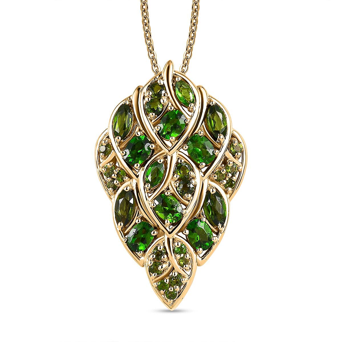 GP- Leaf Collection - Natural Chrome Diopside Cluster Pendant with Chain (Size 20) in 18K Vermeil Yellow Gold Plated Sterling Silver 2.66 Ct