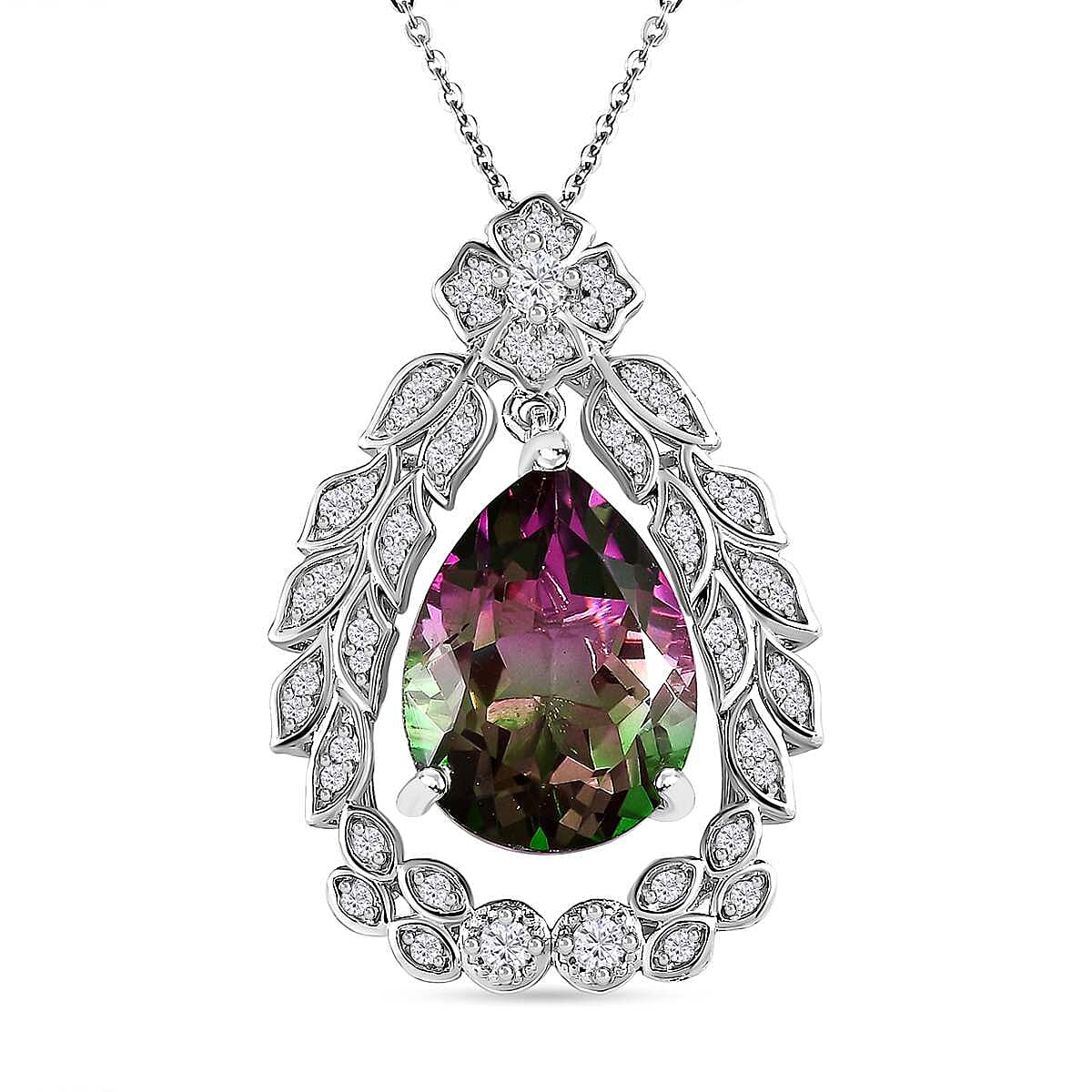 Watermelon Colour Tourmaline Quartz and Natural Zircon Pendant with Chain (Size 20) in Platinum Overlay Sterling Silver 10.40 Ct, Silver Wt. 6.74 Gms