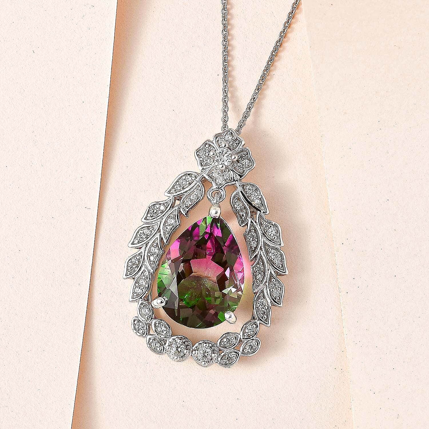 Watermelon Colour Tourmaline Quartz and Natural Zircon Pendant with Chain (Size 20) in Platinum Overlay Sterling Silver 10.40 Ct, Silver Wt. 6.74 Gms