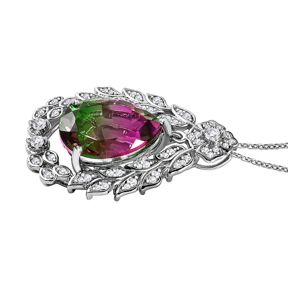 Watermelon Colour Tourmaline Quartz and Natural Zircon Pendant with Chain (Size 20) in Platinum Overlay Sterling Silver 10.40 Ct, Silver Wt. 6.74 Gms