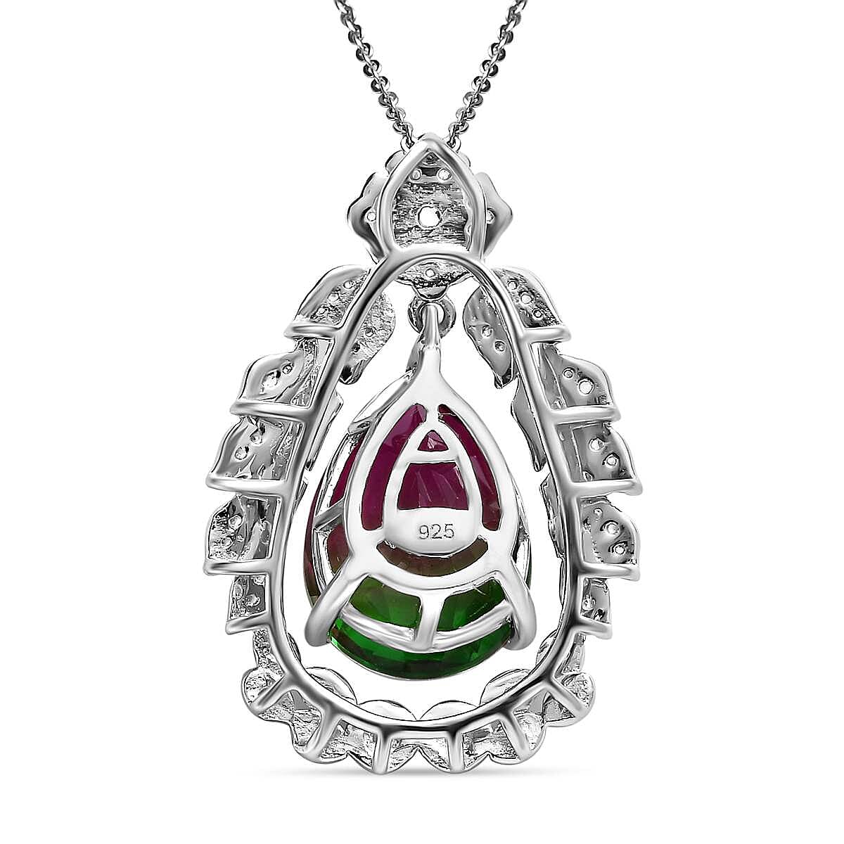 Watermelon Colour Tourmaline Quartz and Natural Zircon Pendant with Chain (Size 20) in Platinum Overlay Sterling Silver 10.40 Ct, Silver Wt. 6.74 Gms