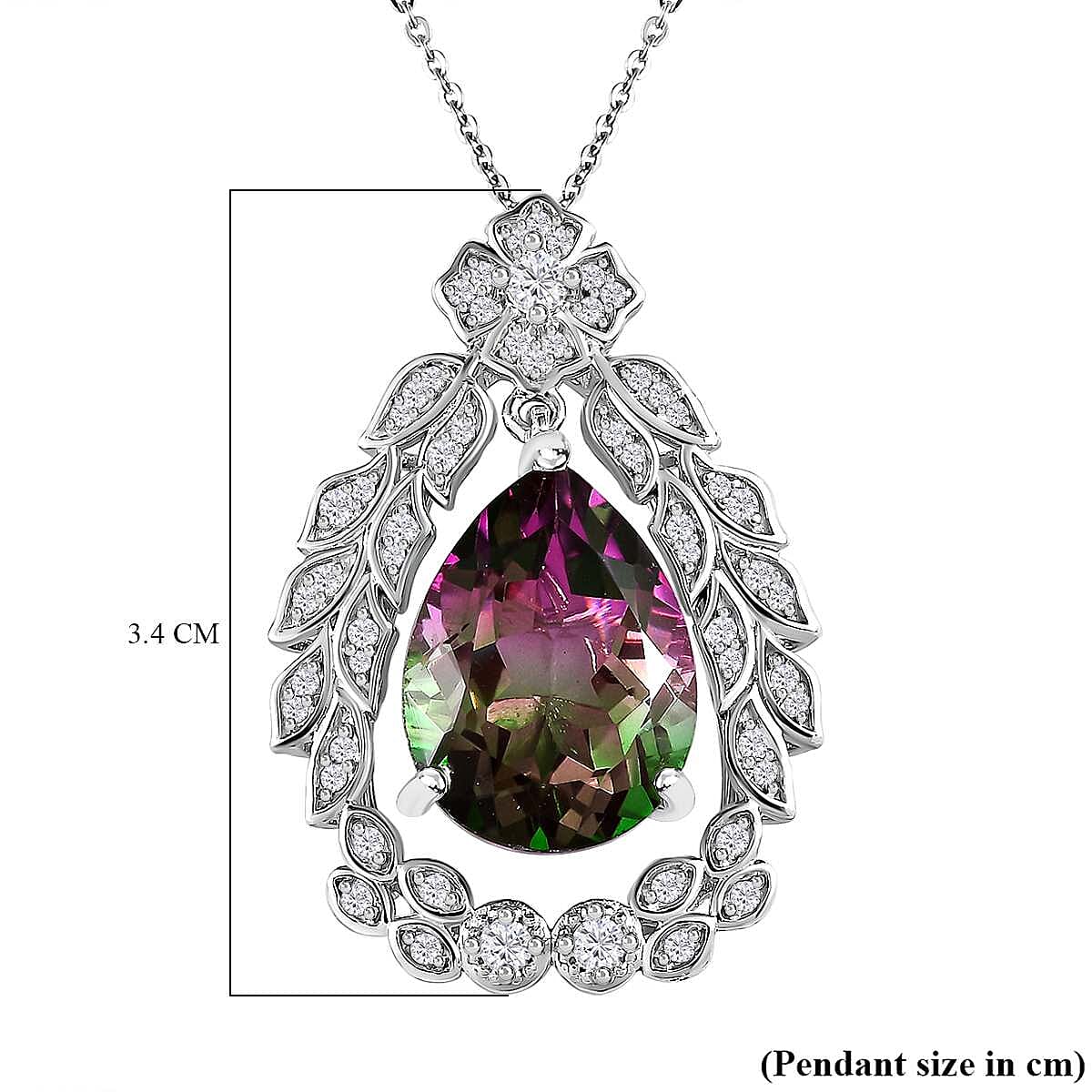 Watermelon Colour Tourmaline Quartz and Natural Zircon Pendant with Chain (Size 20) in Platinum Overlay Sterling Silver 10.40 Ct, Silver Wt. 6.74 Gms
