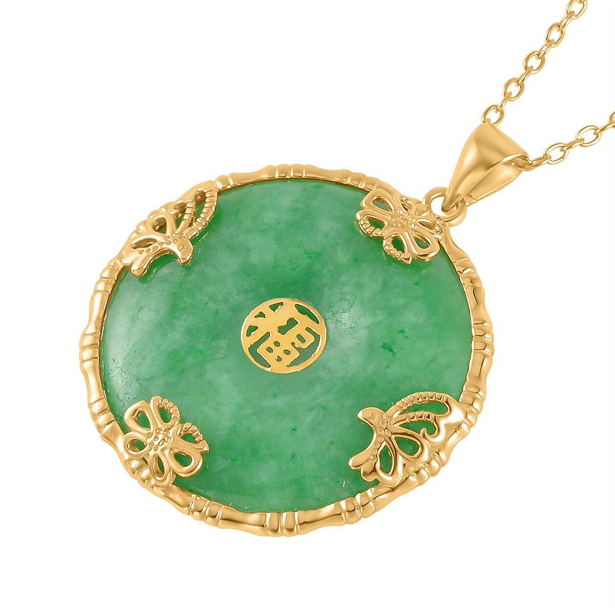 Green Jade Yellow Gold Plated Sterling Silver Pendant with Chain (Size 20) 25.50 Ct.
