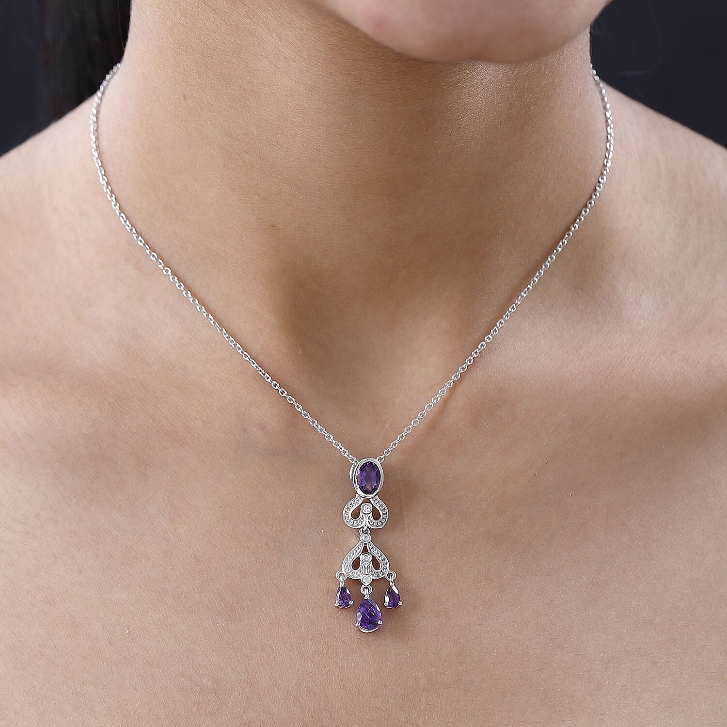 Moroccan Amethyst and Natural Zircon Pendant with Chain (Size 20) in Platinum Overlay Sterling Silver 2.04 Ct, Silver Wt. 5.79 Gms