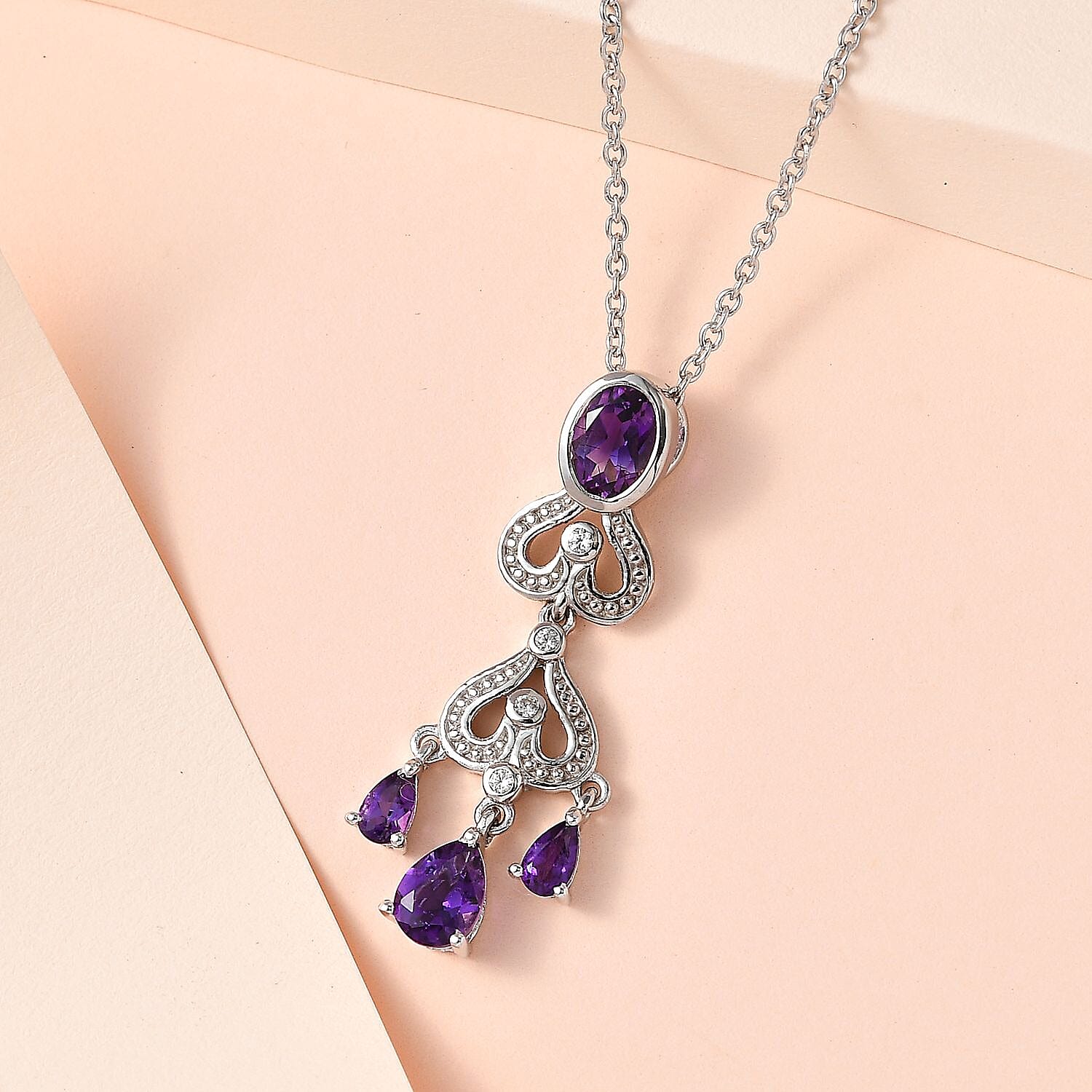 Moroccan Amethyst and Natural Zircon Pendant with Chain (Size 20) in Platinum Overlay Sterling Silver 2.04 Ct, Silver Wt. 5.79 Gms