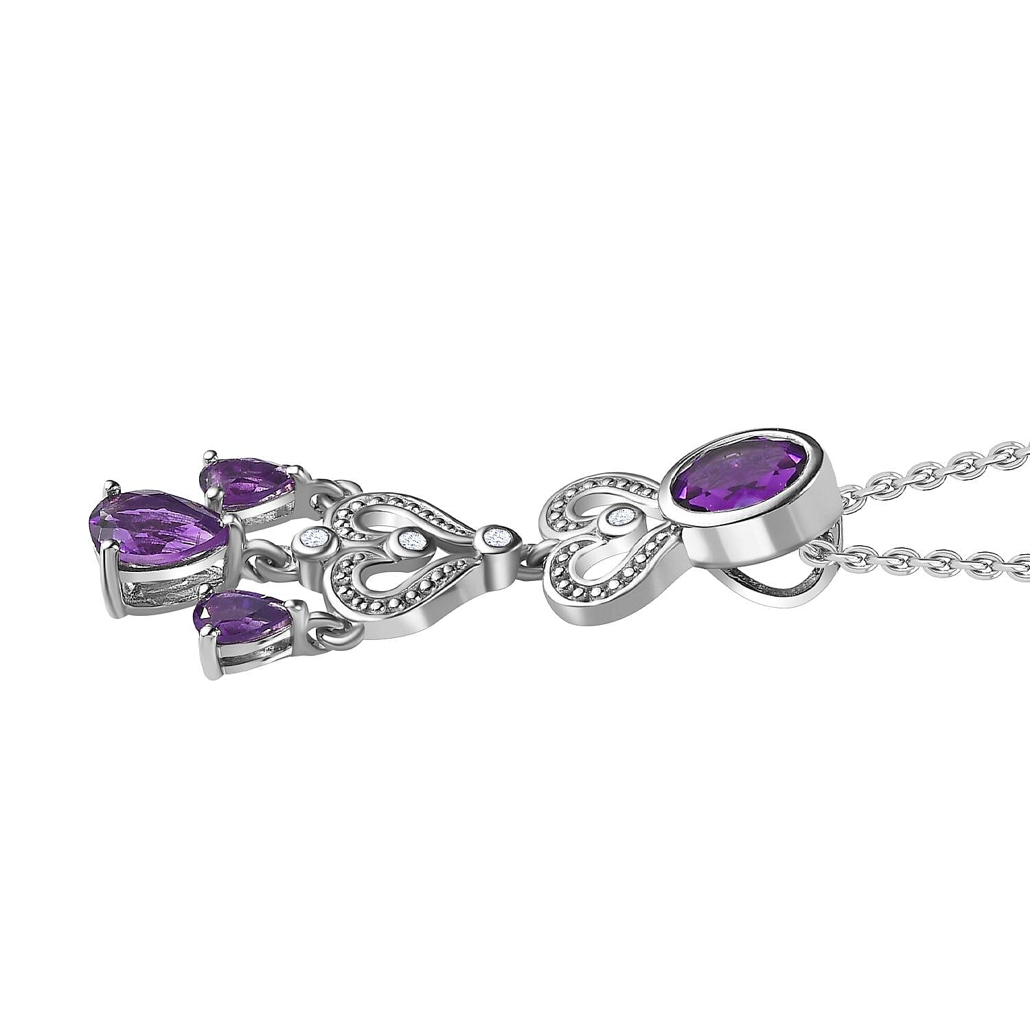 Moroccan Amethyst and Natural Zircon Pendant with Chain (Size 20) in Platinum Overlay Sterling Silver 2.04 Ct, Silver Wt. 5.79 Gms