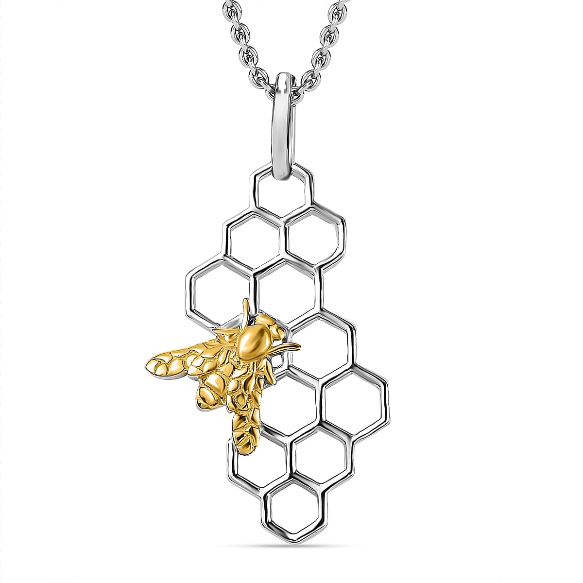 Bee with Honey Comb Platinum & Yellow Gold Overlay Sterling Silver Pendant with Chain (Size 20)