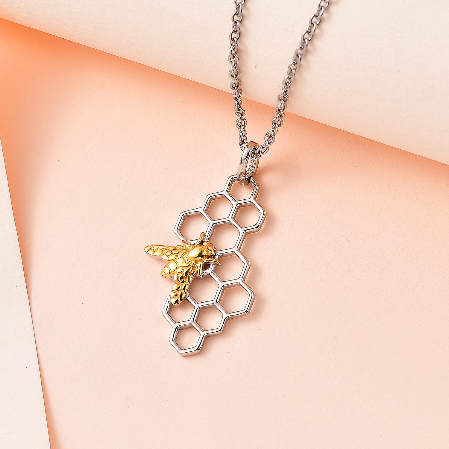 Bee with Honey Comb Platinum & Yellow Gold Overlay Sterling Silver Pendant with Chain (Size 20)