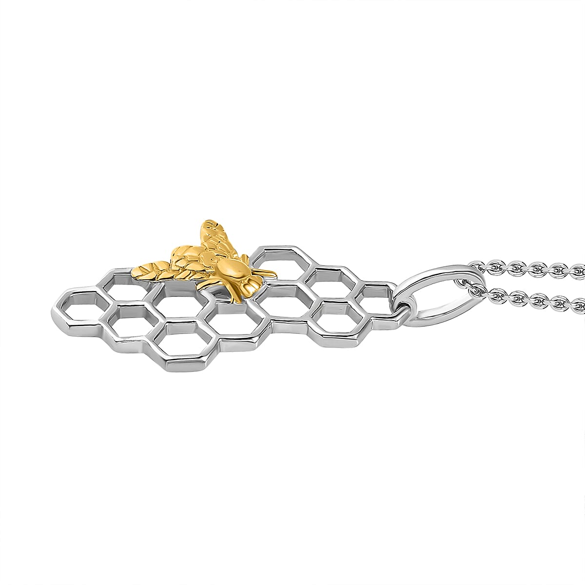Bee with Honey Comb Platinum & Yellow Gold Overlay Sterling Silver Pendant with Chain (Size 20)