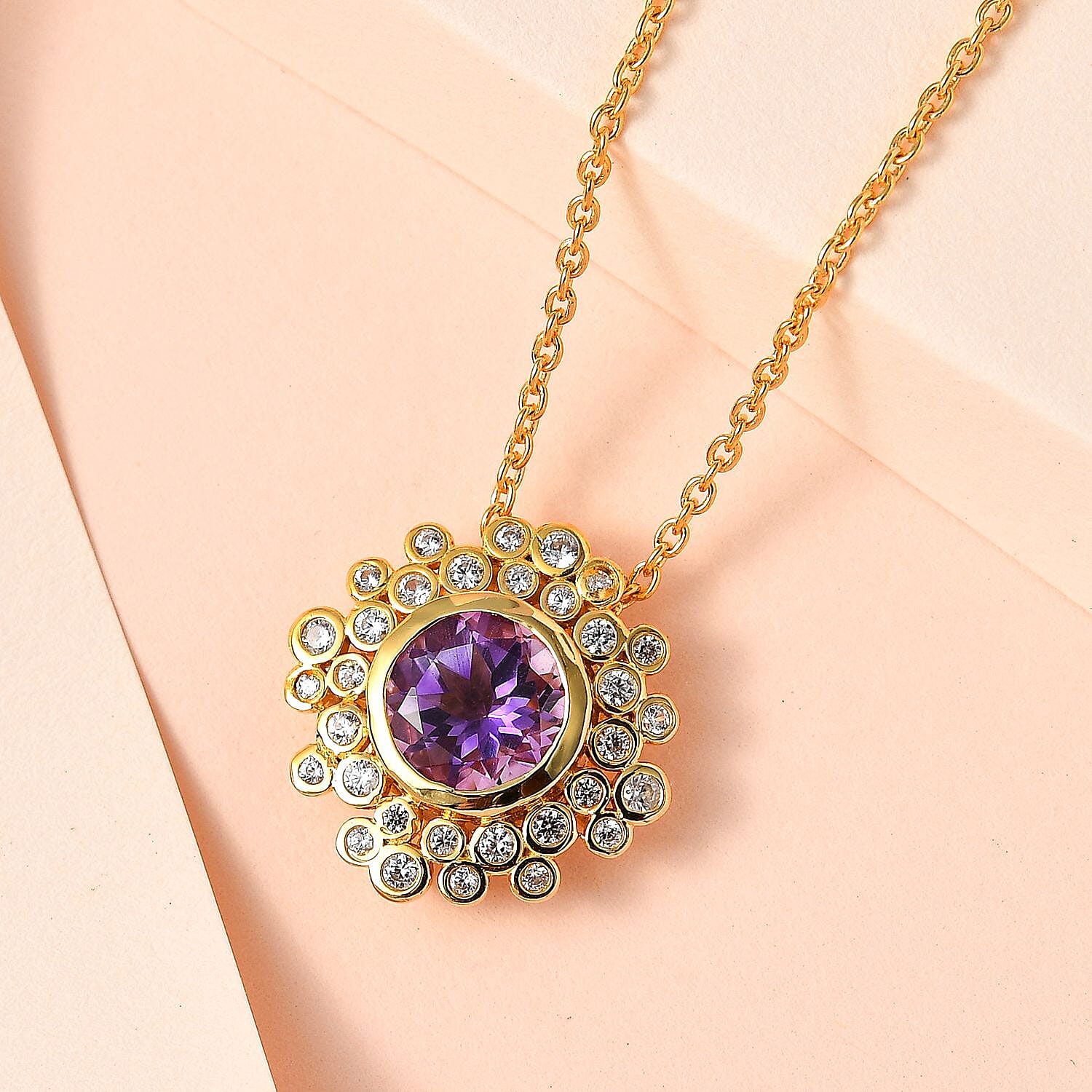 Moroccan Amethyst and Natural Zircon Pendant with Chain (Size 20) in 18K Yellow Gold Vermeil Plated Sterling Silver 2.60 Ct