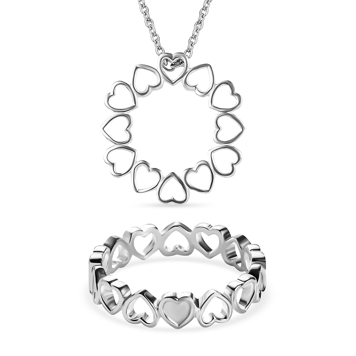 2 Piece Set - Sterling Silver Heart Ring and Pendant with Stainless Steel Chain (Size 20)