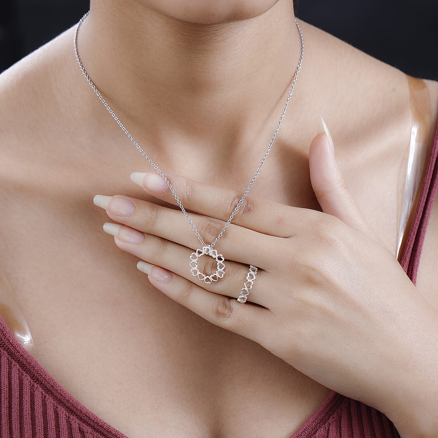 2 Piece Set - Sterling Silver Heart Ring and Pendant with Stainless Steel Chain (Size 20)