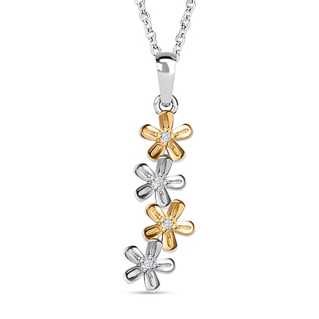 Simulated Diamond Floral Pendant with Chain (Size 20) in Two-Tone Plated Sterling Silver