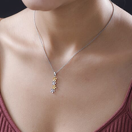Simulated Diamond Floral Pendant with Chain (Size 20) in Two-Tone Plated Sterling Silver