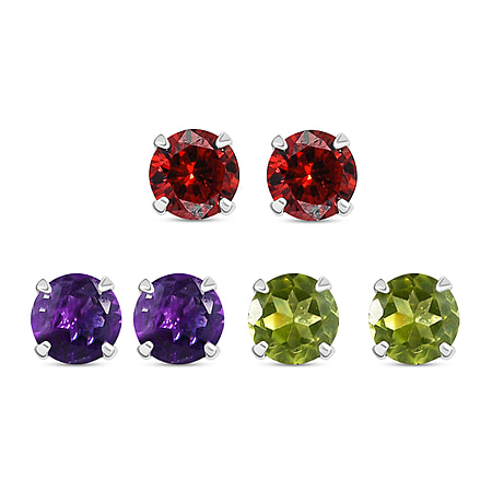 Set of 3 -  Red Garnet, Hebei Peridot & Amethyst Earrings in Sterling Silver 3.00 Ct.