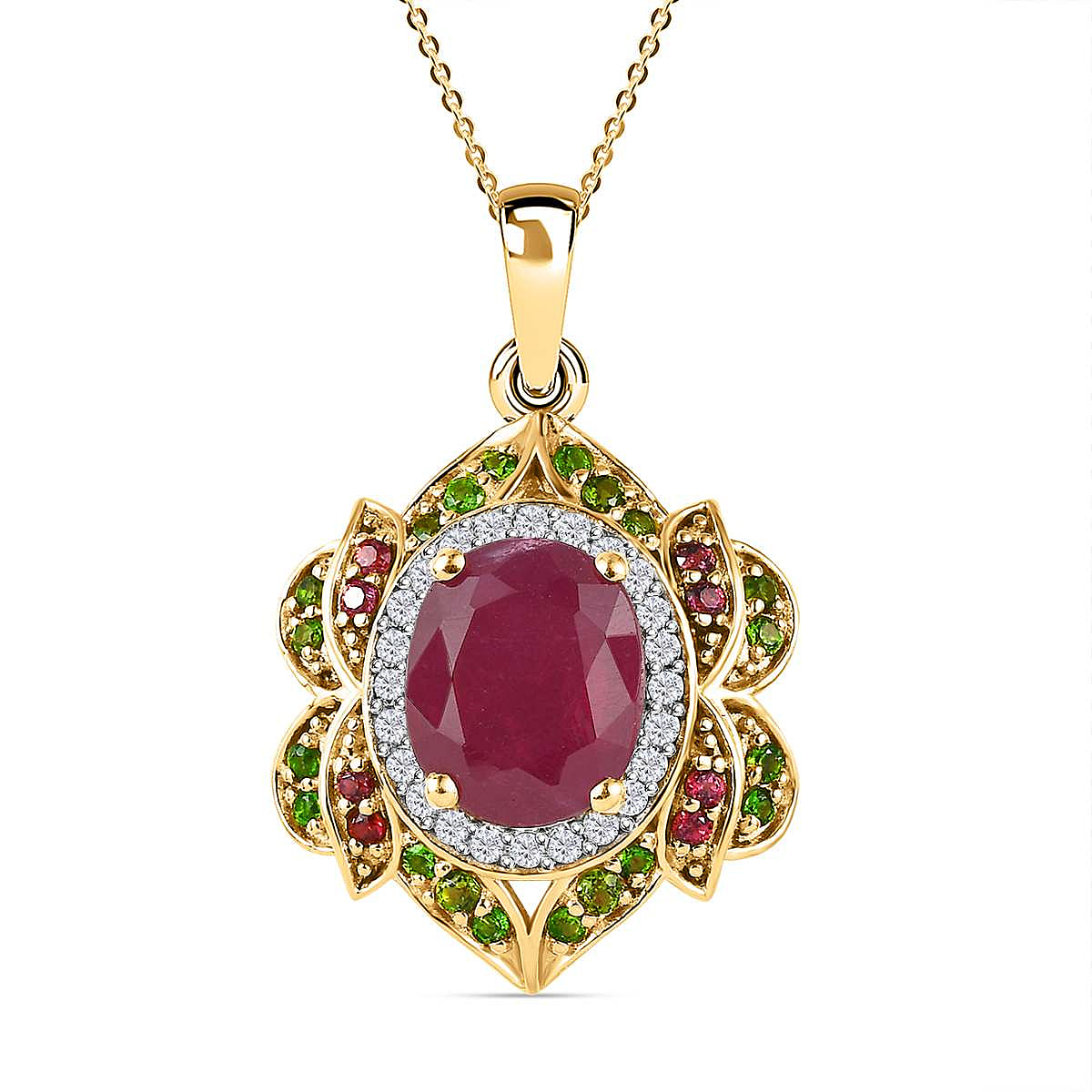 Ruby (FF), Rhodolite Garnet, Natural Chrome Diopsid and Natural Zircon Pendant with Chain (Size 20) in 18K Vermeil Yellow Gold Plated Sterling Silver 6.32 Ct, Silver Wt. 5.37 Gms